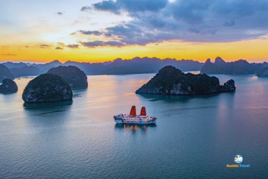 Halong Lan Ha Bay Panorama with limestone cliffs and emerald waters in Vietnam